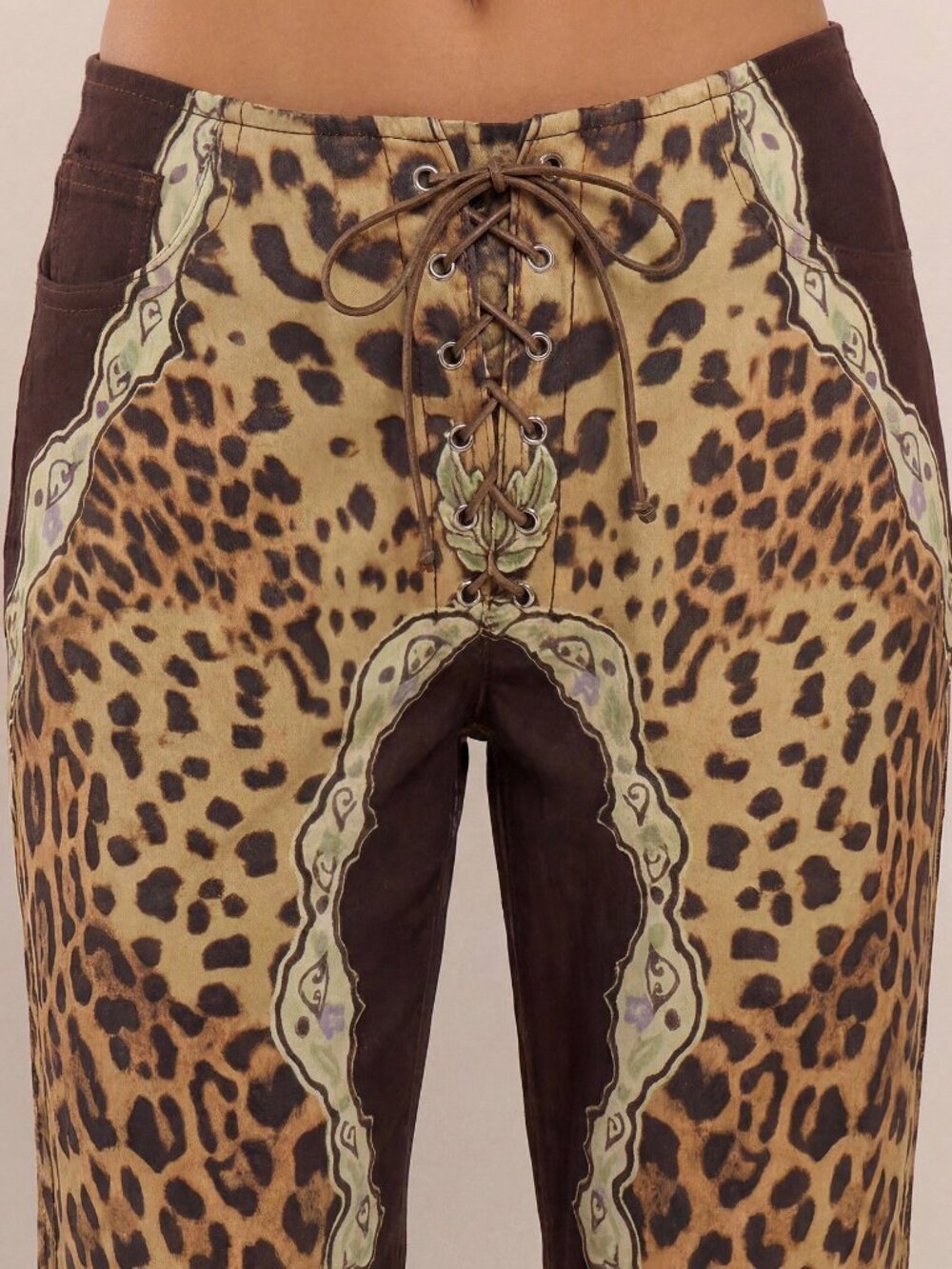 Brown Casual Women's Peacock Print Lace-Up Straight Leg Jeans - Picture 5 of 5